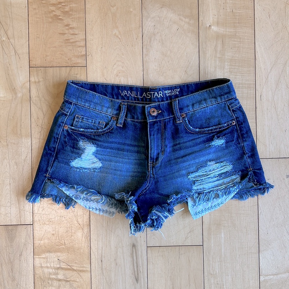 Vanilla Star Distressed Raw Hem High Low Denim Jean Shorts